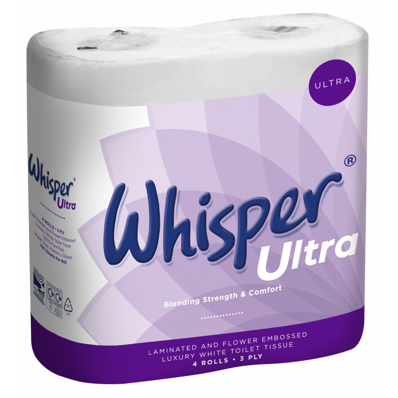 Whisper Ultra 3 ply toilet roll. Luxurious, micro-embossed, and competitively priced. Perfect for education, healthcare, catering, and home use.