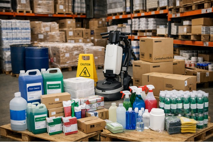 wholesale cleaning supplies bulk sachets concentrated chemistry UK SME, i-mop XL floor scrubber commercial cleaning contractor UK, SoluCLEAN water-soluble concentrate sachets sustainable bulk cleaning, colour-coded cleaning equipment hygiene zones UK school washroom, trade cleaning supplies warehouse storage B2B wholesale UK