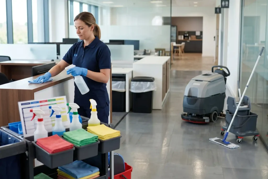commercial cleaning checklist UK task frequency guide, office cleaning schedule UK daily weekly monthly, COSHH colour-coded cleaning equipment zones