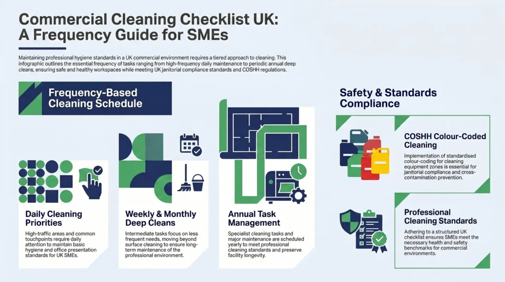 commercial cleaning checklist UK task frequency guide, office cleaning schedule UK daily weekly monthly, COSHH colour-coded cleaning equipment zones