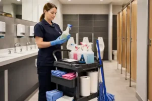 A cleaning operative applying colour-coded disinfectant spray to a washroom cubicle surface, commercial washroom cleaning products, disinfectant cleaning supplies, sanitisers and disinfectants
