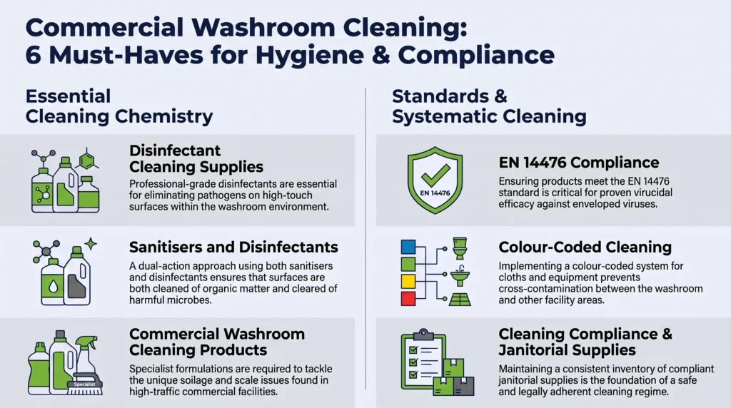 commercial washroom cleaning products, disinfectant cleaning supplies, sanitisers and disinfectants, washroom hygiene, EN 14476, enzymatic drain treatment, colour-coded cleaning, cleaning compliance log, janitorial supplies UK