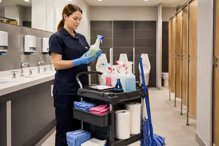 A cleaning operative applying colour-coded disinfectant spray to a washroom cubicle surface, commercial washroom cleaning products, disinfectant cleaning supplies, sanitisers and disinfectants