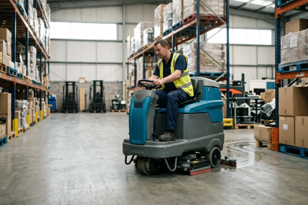 Commercial floor scrubber dryer operating in an industrial facility warehouse, Barnsley janitorial supplies, trade price cleaning supplies, trade account with no MOQ