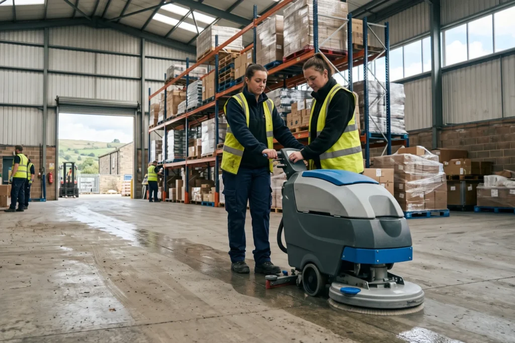Commercial floor scrubber dryer operating in a West Yorkshire warehouse facility, Bradford janitorial supplies, trade price cleaning supplies, trade account with no MOQ