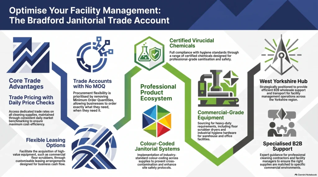 Bradford janitorial supplies, trade price cleaning supplies, trade account with no MOQ, commercial cleaning supplies Yorkshire, B2B janitorial wholesale, facility management supplies, professional cleaning chemicals