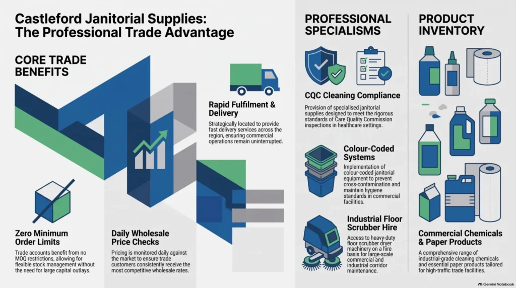 Castleford janitorial supplies, trade price cleaning supplies, trade account with no MOQ, commercial cleaning chemicals, Yorkshire janitorial supplies, floor scrubber hire, CQC cleaning compliance
