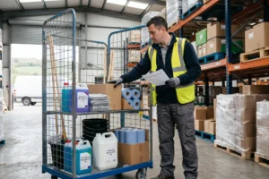 Warehouse technician assembling janitorial supplies order for commercial delivery in Derbyshire, Chesterfield janitorial supplies, trade price cleaning supplies, trade account with no MOQ
