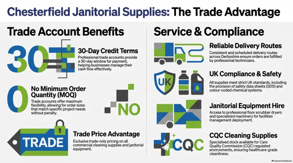 Chesterfield janitorial supplies, trade price cleaning supplies, trade account with no MOQ, commercial cleaning supplies, janitorial equipment hire, Derbyshire facilities management, CQC cleaning supplies