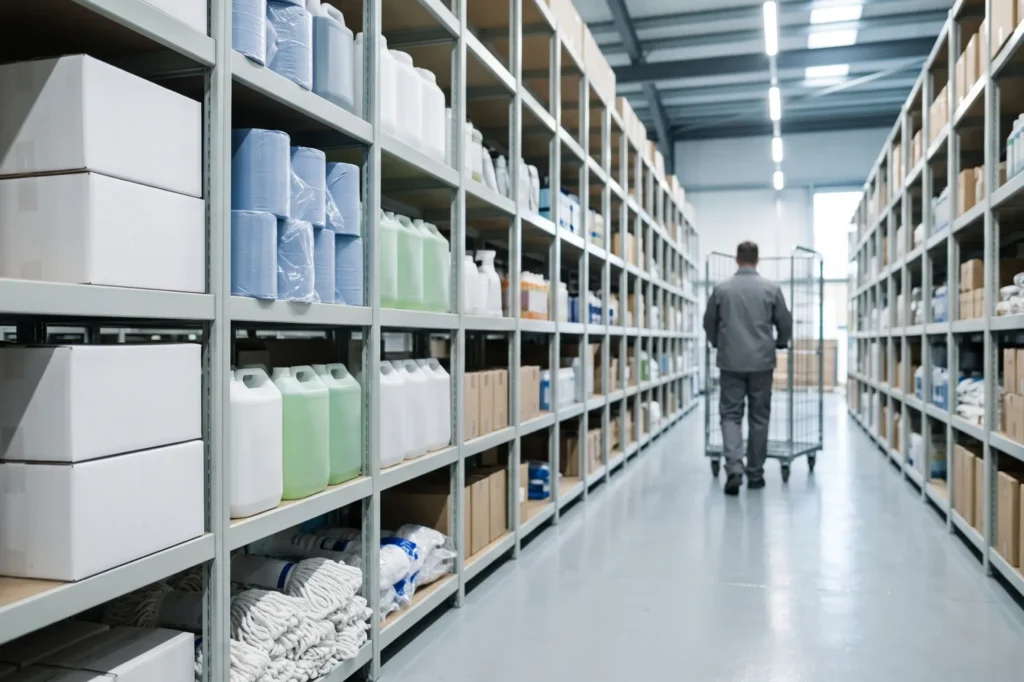 Commercial janitorial supplies stored on racking in a modern distribution warehouse, commercial janitorial supplies, trade price cleaning supplies, trade account with no MOQ