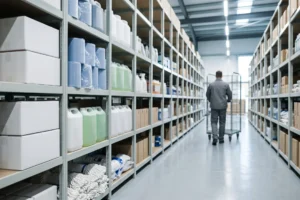 Commercial janitorial supplies stored on racking in a modern distribution warehouse, commercial janitorial supplies, trade price cleaning supplies, trade account with no MOQ