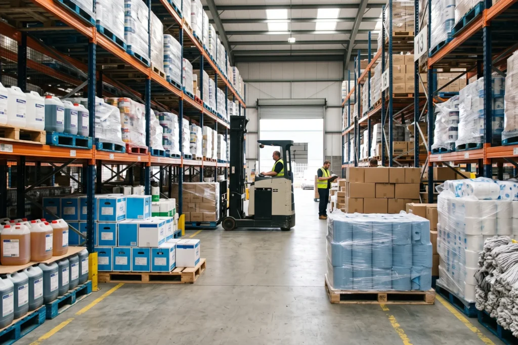 Dewsbury janitorial supplies stored in commercial distribution warehouse, Dewsbury janitorial supplies, trade price cleaning supplies, trade account with no MOQ