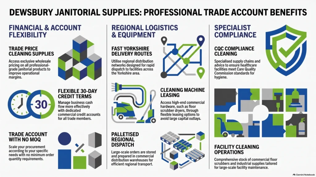 Dewsbury janitorial supplies, trade price cleaning supplies, trade account with no MOQ, commercial cleaning supplies, janitorial wholesale Yorkshire, facility cleaning supplies, cleaning machine leasing, CQC compliance cleaning