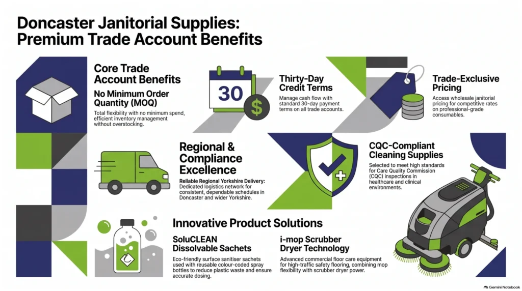 Doncaster janitorial supplies, trade price cleaning supplies, trade account with no MOQ, commercial cleaning supplies Doncaster, wholesale janitorial Yorkshire, CQC cleaning supplies, commercial floor care equipment