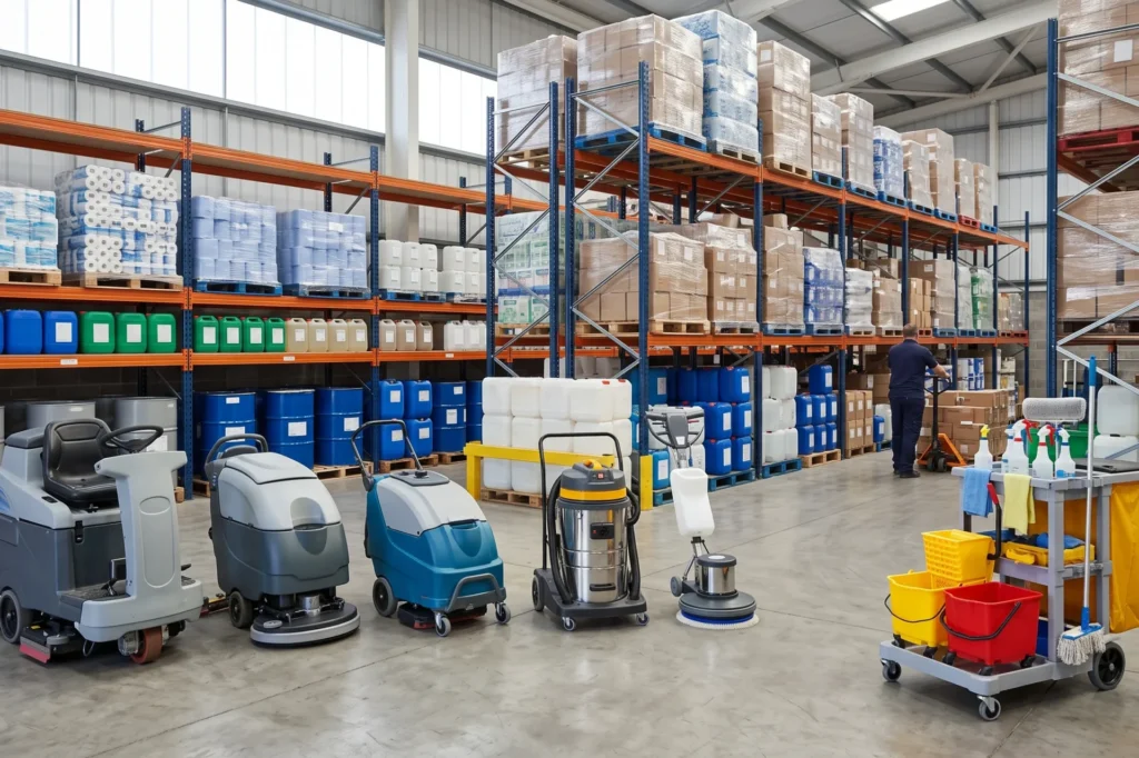 Commercial cleaning machinery and janitorial supplies stored in a wholesale distribution centre, Hull janitorial supplies, trade price cleaning supplies, trade account with no MOQ