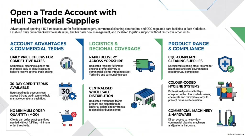Hull janitorial supplies, trade price cleaning supplies, trade account with no MOQ, commercial cleaning supplies Hull, janitorial wholesale Yorkshire, cleaning contractor trade account, CQC cleaning supplies