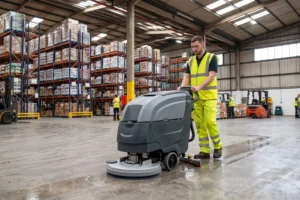 Commercial floor scrubber dryer operating in a Manchester warehouse, Manchester janitorial supplies, trade price cleaning supplies, trade account with no MOQ