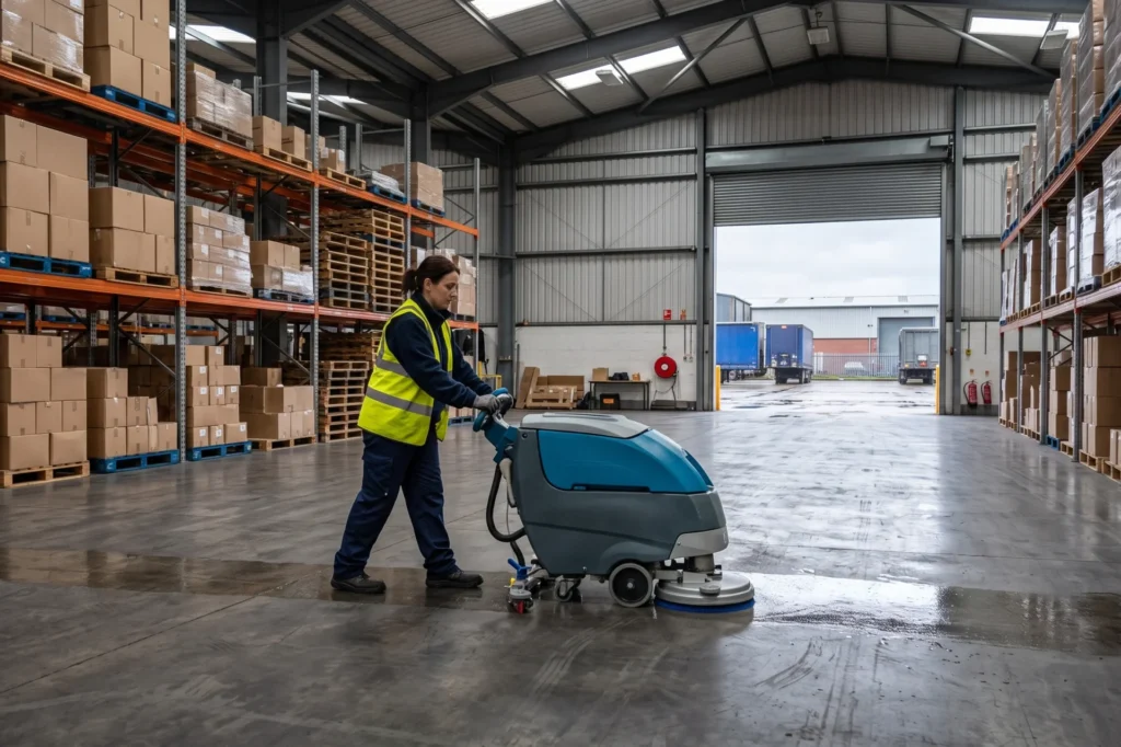 Commercial floor scrubber dryer cleaning the concrete floor of a South Yorkshire warehouse, Rotherham janitorial supplies, trade price cleaning supplies, trade account with no MOQ