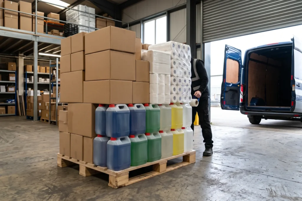 Commercial cleaning chemicals and paper supplies packed for delivery in Scunthorpe, Scunthorpe janitorial supplies, trade price cleaning supplies, trade account with no MOQ