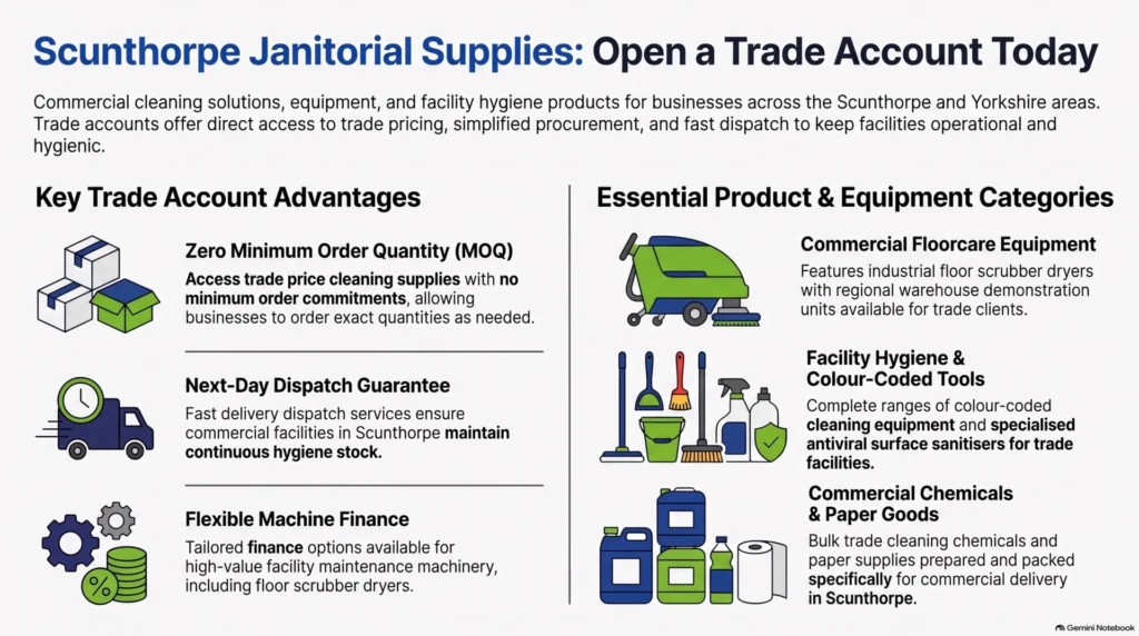 Scunthorpe janitorial supplies, trade price cleaning supplies, trade account with no MOQ, commercial cleaning Scunthorpe, janitorial wholesale North Lincolnshire, commercial floorcare equipment, facility hygiene supplies