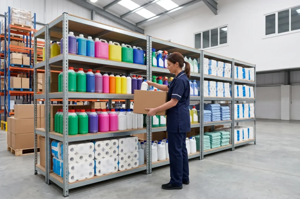 Commercial cleaning operative restocking janitorial supplies in a warehouse, Selby janitorial supplies, trade price cleaning supplies, trade account with no MOQ