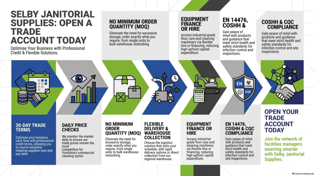 Selby janitorial supplies, trade price cleaning supplies, trade account with no MOQ, commercial cleaning supplies, janitorial wholesale Yorkshire, commercial floor care equipment, CQC cleaning compliance