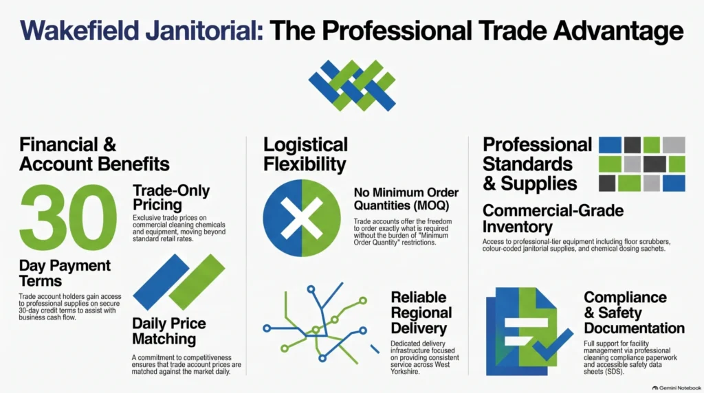 Wakefield janitorial supplies, trade price cleaning supplies, trade account with no MOQ, commercial cleaning chemicals, West Yorkshire janitorial delivery, B2B cleaning equipment, facility management supplies