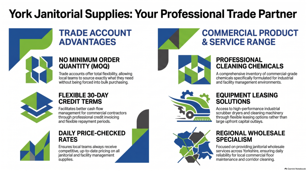 York janitorial supplies, trade price cleaning supplies, trade account with no MOQ, commercial cleaning chemicals, janitorial wholesale Yorkshire, facility management supplies, cleaning equipment leasing