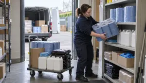 Warehouse pallets stacked with commercial janitorial cleaning supplies, cash and carry or trade account, wholesale cleaning prices, is a cleaning trade account cheaper than cash and carry
