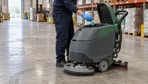 SoluCLEAN sachets being dropped into the solution tank of a commercial scrubber dryer, heavy duty scrubber dryer solution, industrial floor detergent, scrubber dryer detergent for high traffic floors