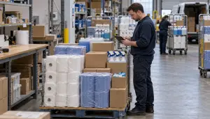 Consolidated pallet of commercial janitorial supplies ready for direct site dispatch, multi-site cleaning supplies, multi site janitorial account, one invoice for multiple cleaning sites